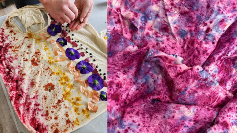 Two photos side by side, one with flowers arranged on top of a shirt for dying, the second the finished product, creating a tye-dye effect.