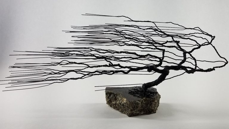 A side swept bonsai made out of black wire. 