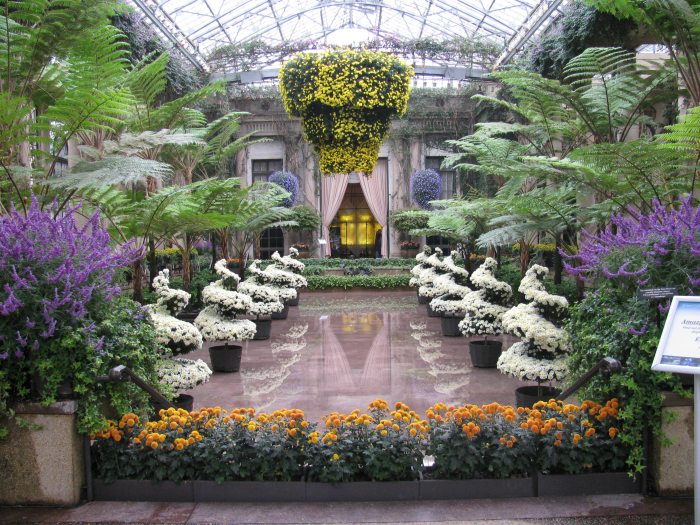 Spiral displays of white chrysanthemums line a sunken floor with a shallow amount of water with other plant surrounding it