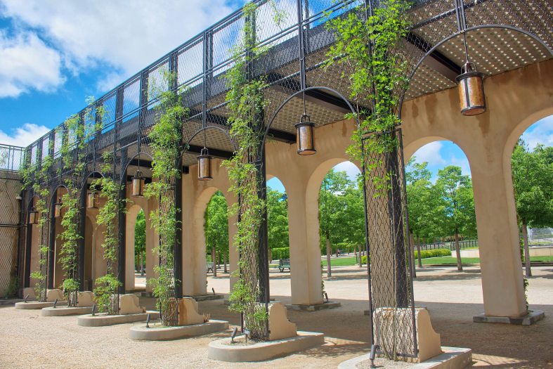 Green vines climb up metal lattices attached to stone arches with hanging lanterns under a blue sky