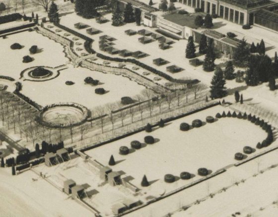 aerial view of the main fountain garden and topiary