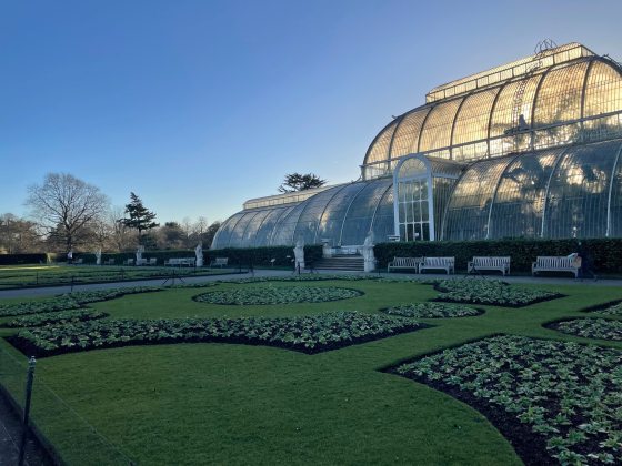 A glass Conservatory sitting within formals garden at Kew Gardens.