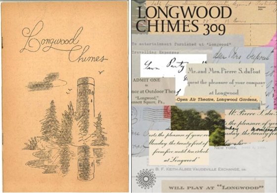 Two covers of the magazine Longwood Chimes, and older version featuring an illustration of the Chimes Tower and a newer one featuring collaged text.