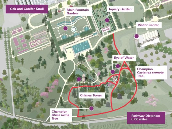 screenshot of the Longwood Gardens map of Oak and Conifer Knoll trail