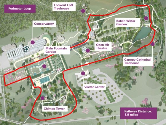 screenshot of a map of Longwood Gardens showing the Perimeter Loop trail